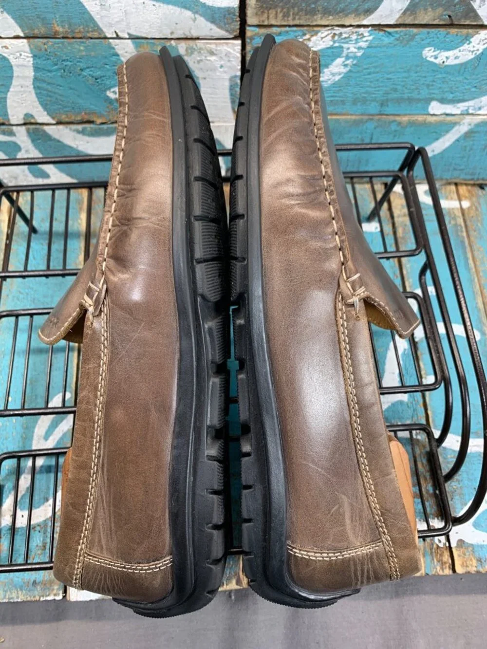 ECCO Driving Loafers Moc Toe Brown Leather Black Slip-On Mens 44/10-10.5 EUC